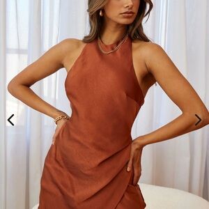 Sonoma Halterneck Faux Wrap Twist Back Mini Dress Chocolate